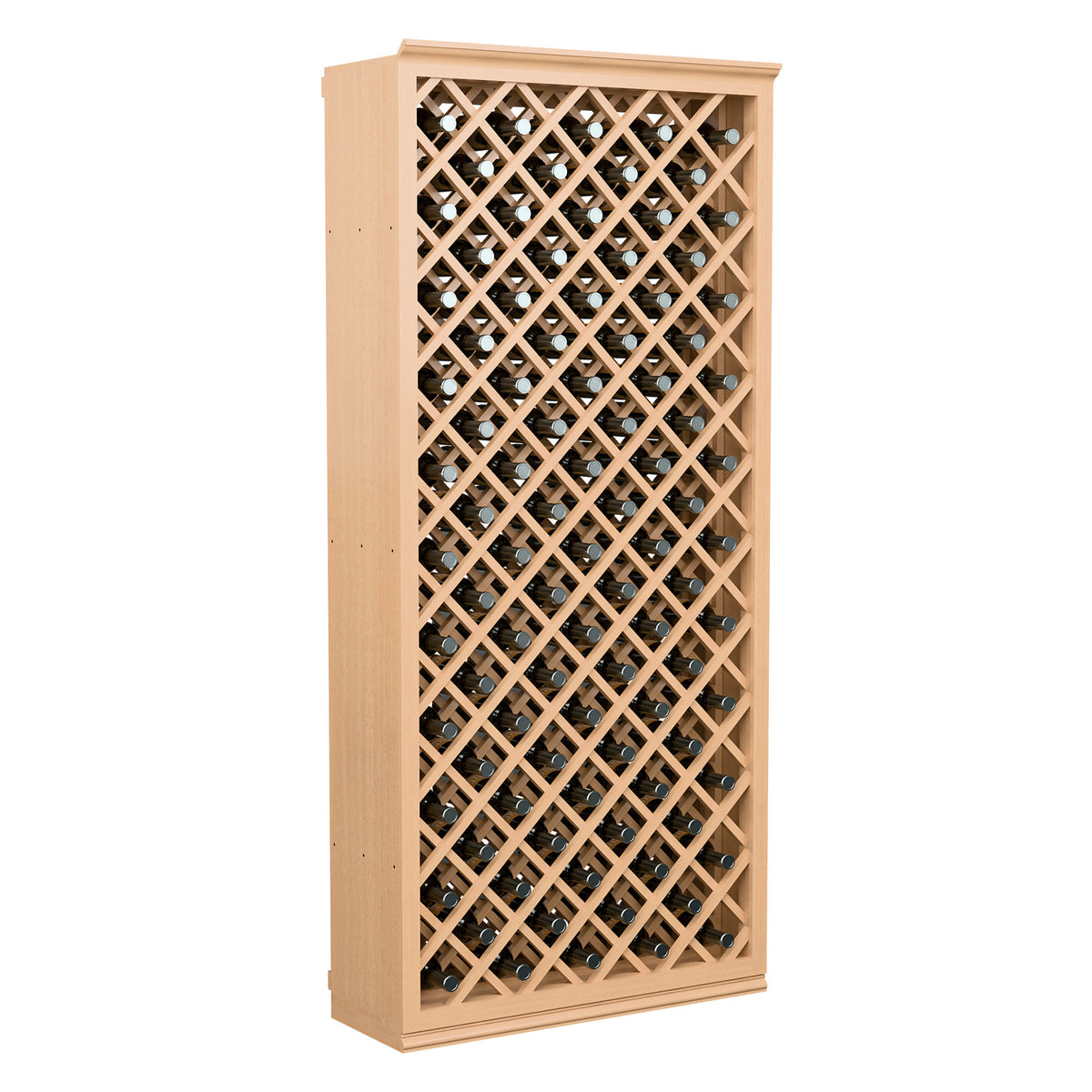 Wine bottle storage bin with diamond lattice front, light wood finish and bottle storage grid