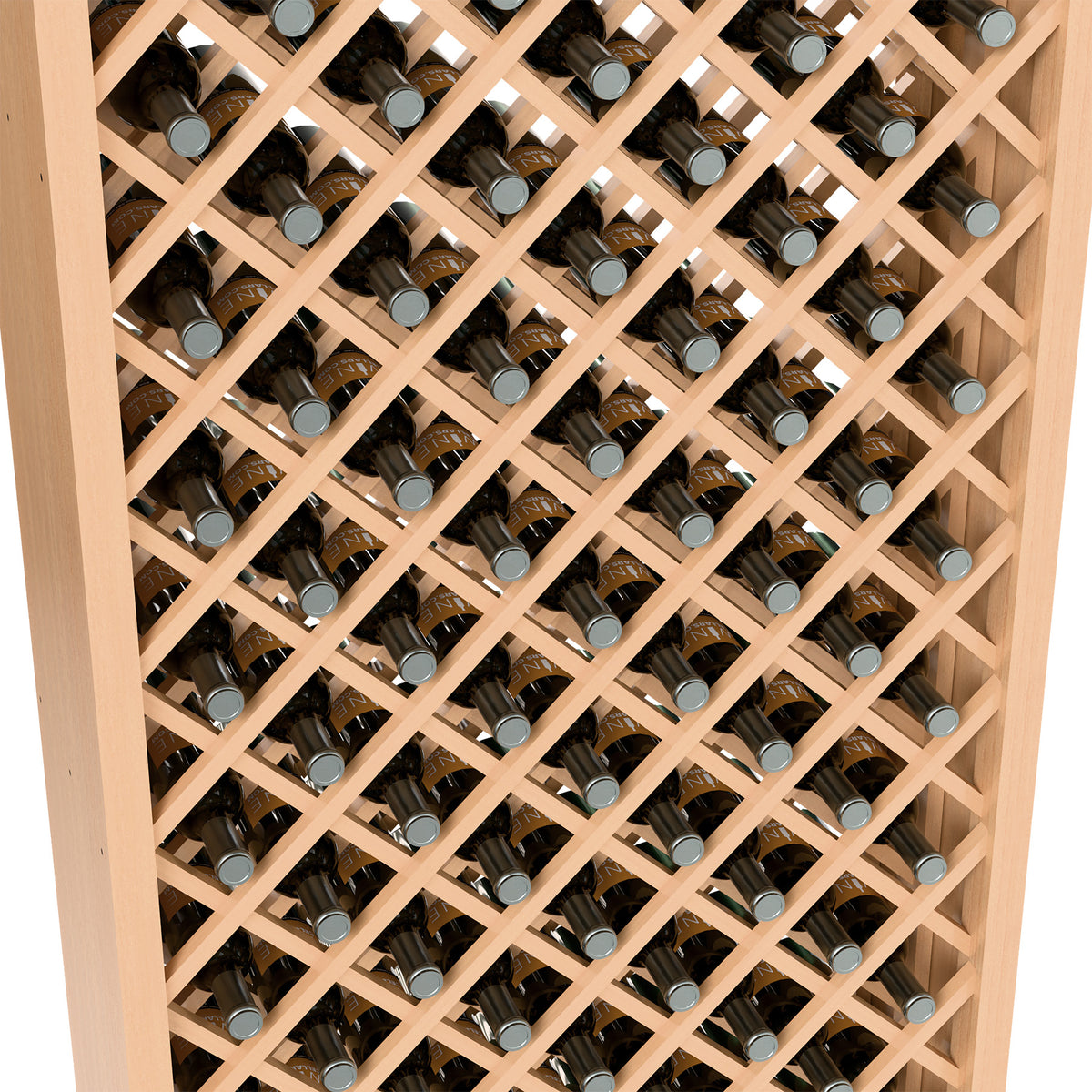 Wine bottle bin interior close-up with diamond lattice supports and bottle necks visible