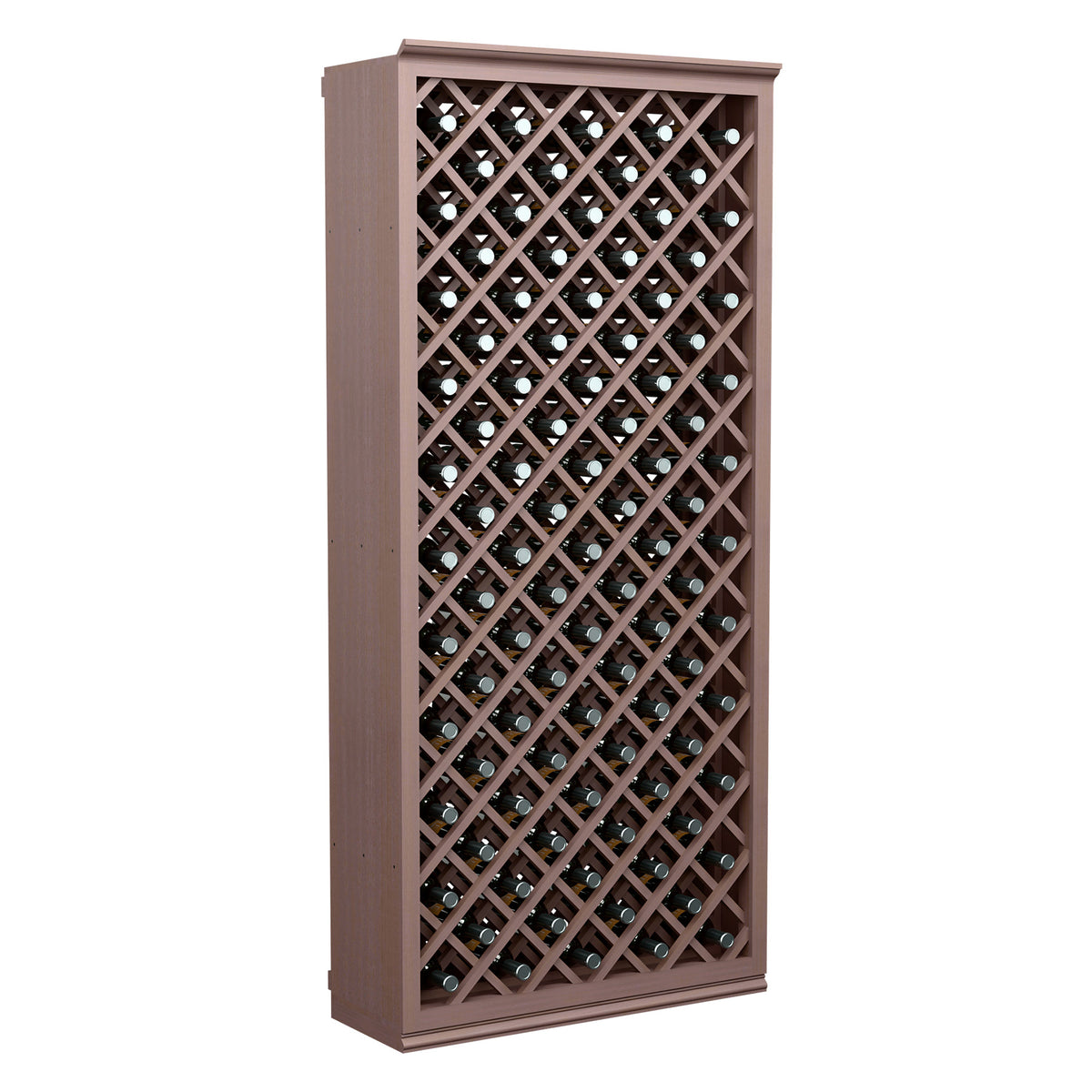 Wine bottle storage bin with diamond lattice front and bottle slots, dark wood finish