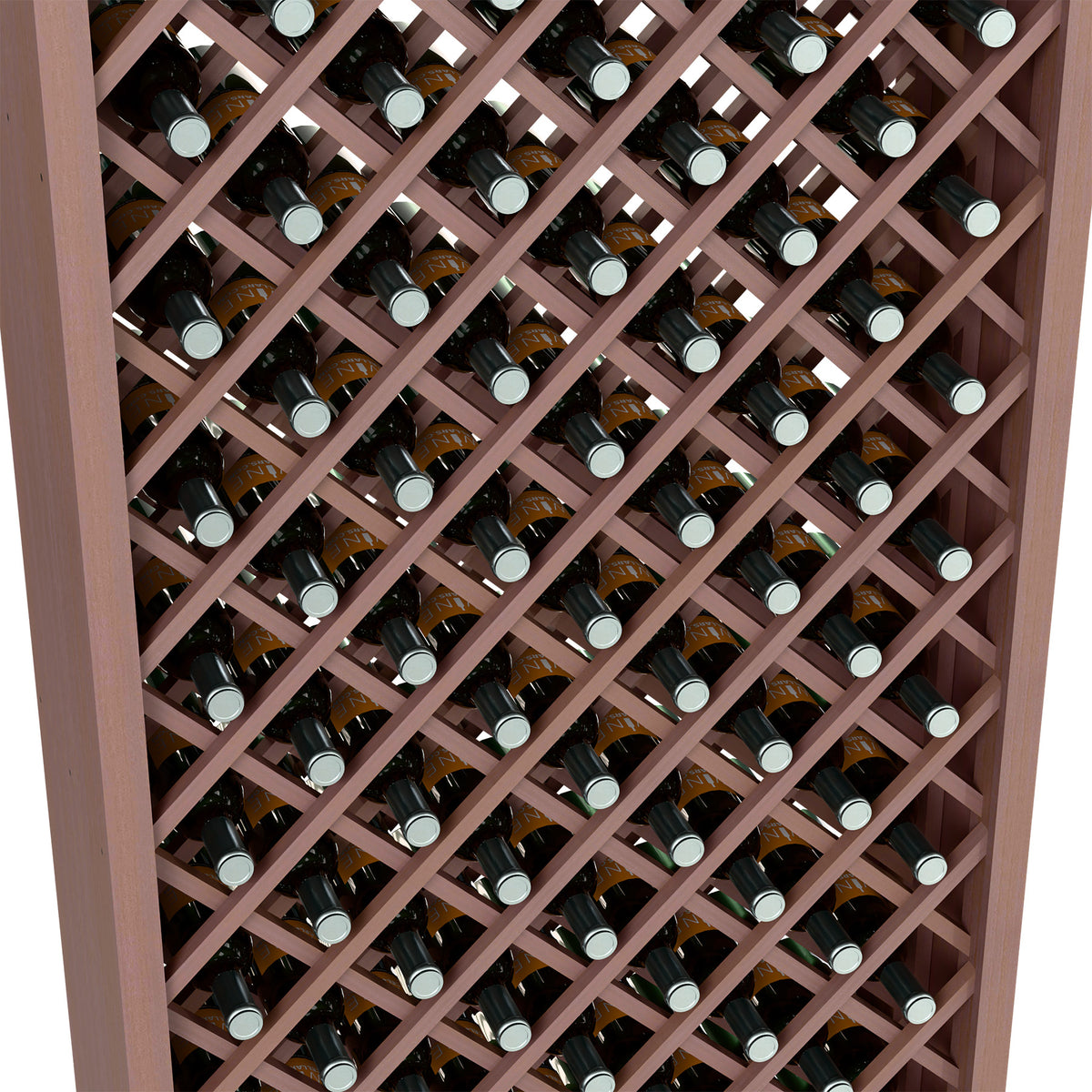 Wine bottle bin interior close-up with diamond lattice pattern and bottles on racks