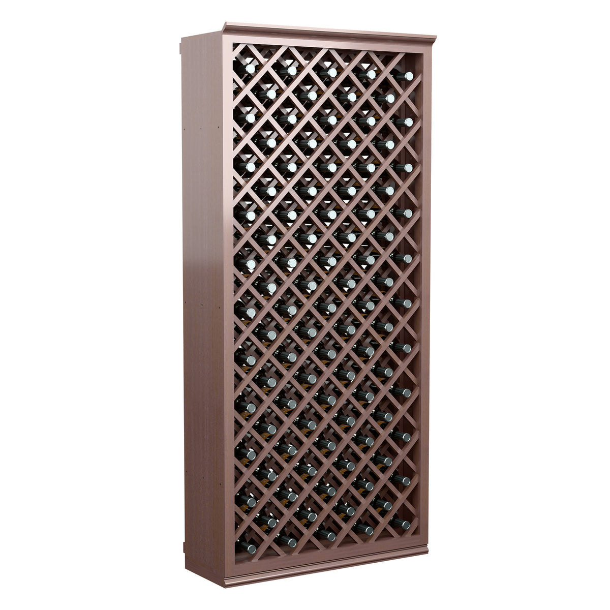Wine bottle storage cabinet with dark wood frame and diamond lattice, holding capped bottles.