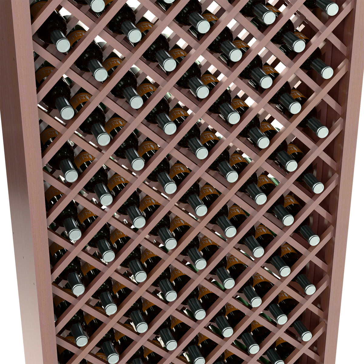 Wine bottle storage interior with dark diamond lattice holding assorted capped bottles.
