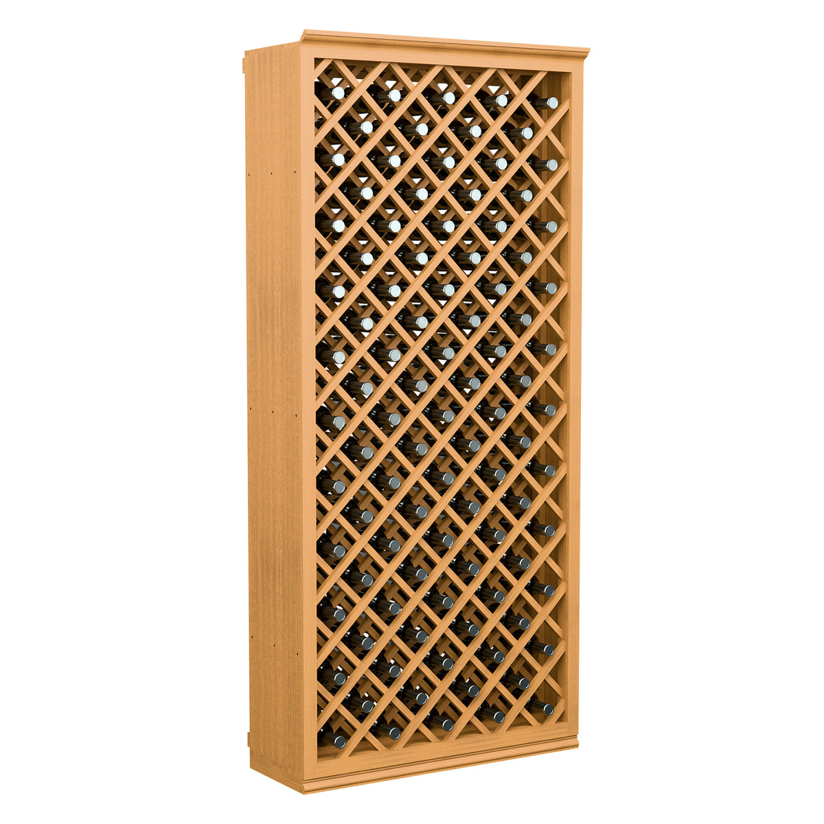 Wine bottle storage cabinet in light wood with diamond lattice and capped bottles.