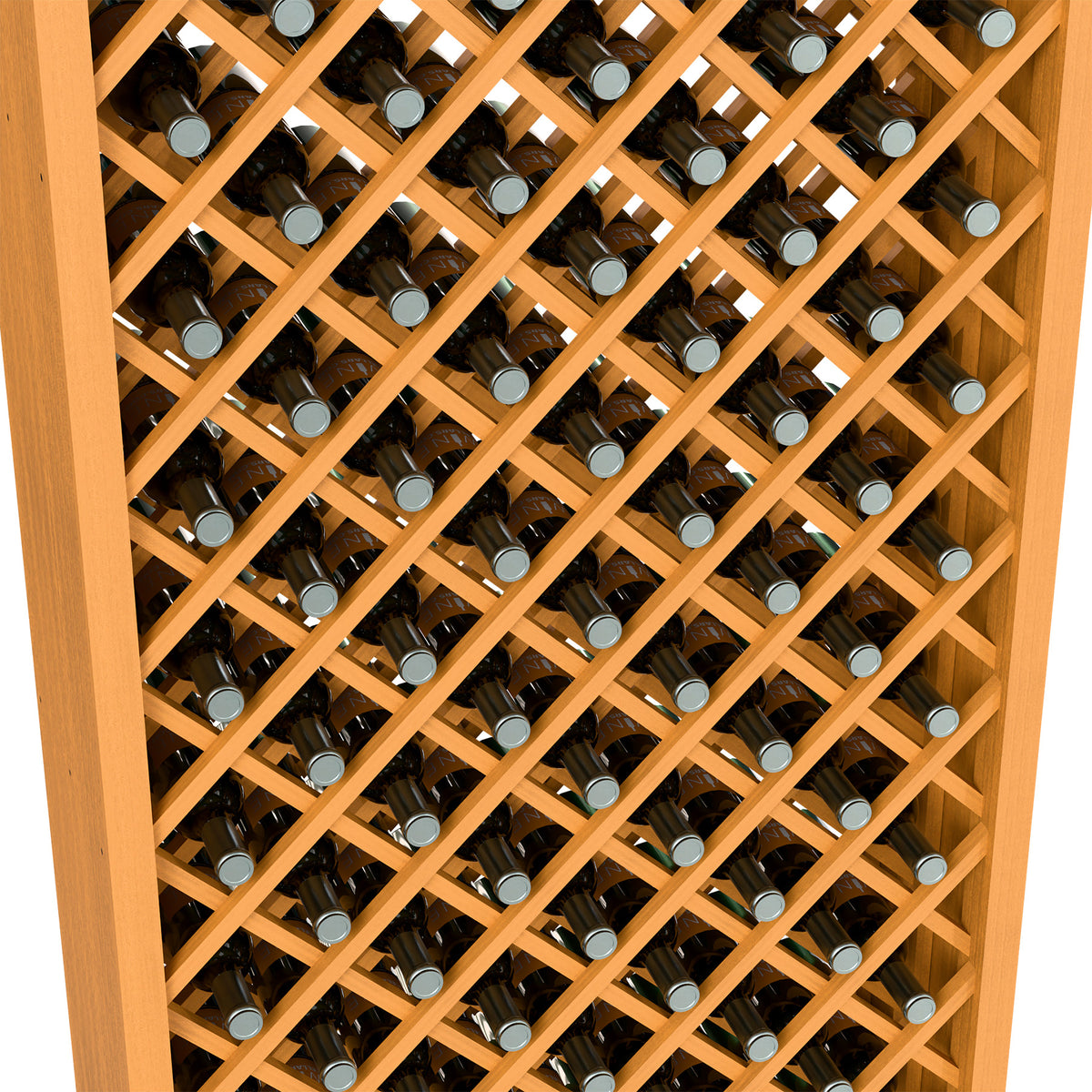 Wine bottle storage interior in light wood with diamond lattice and capped bottles close-up.