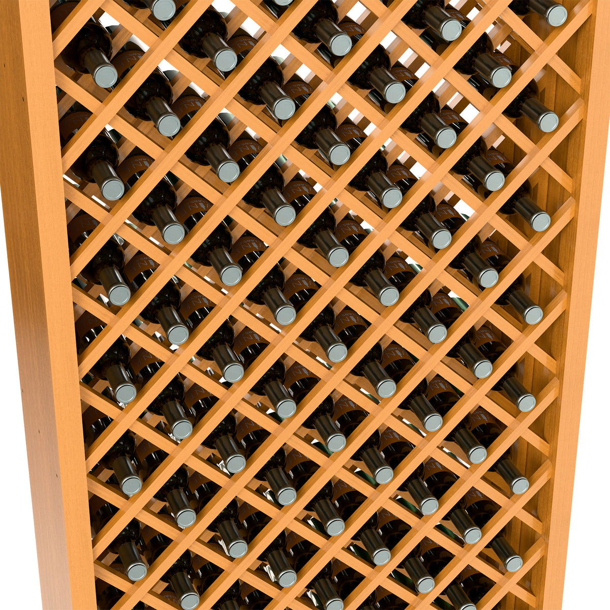 Wine bottle storage interior with whitewashed diamond lattice holding capped bottles.
