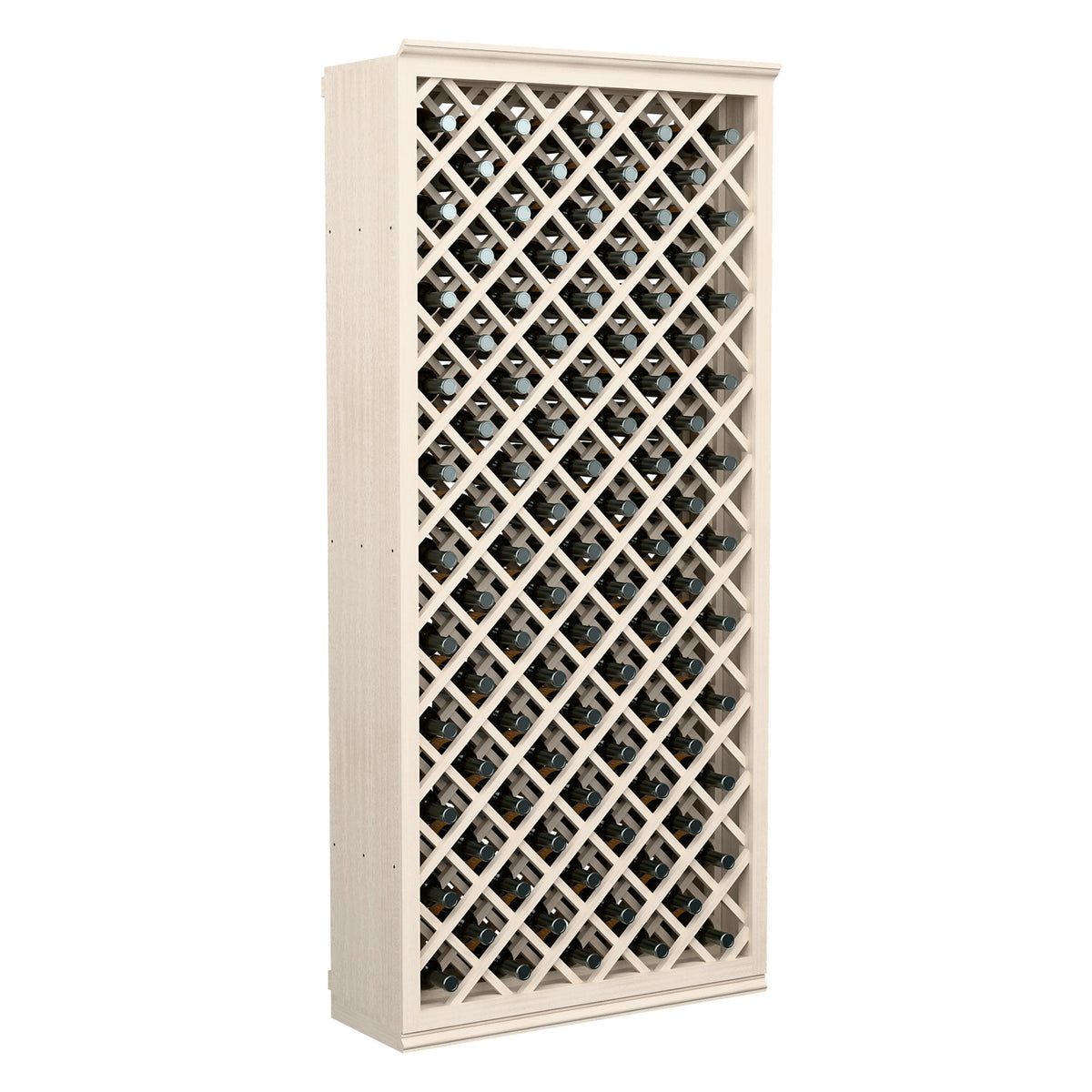 Light gray wine bottle storage cabinet with diamond lattice and capped bottles.