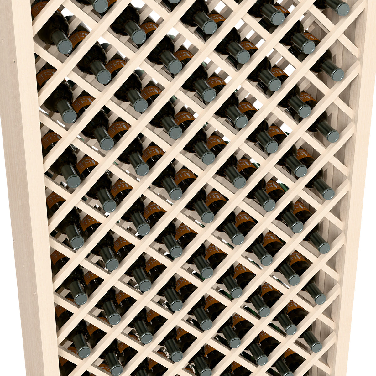 Wine bottle storage interior with light gray diamond lattice holding capped bottles.