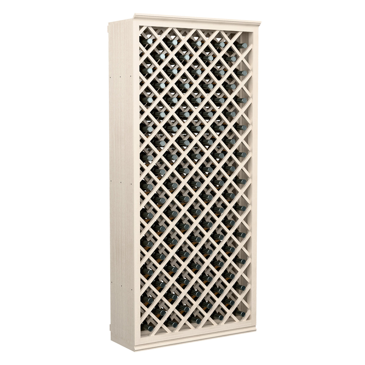 Off-white wine bottle storage cabinet with diamond lattice and capped bottles.
