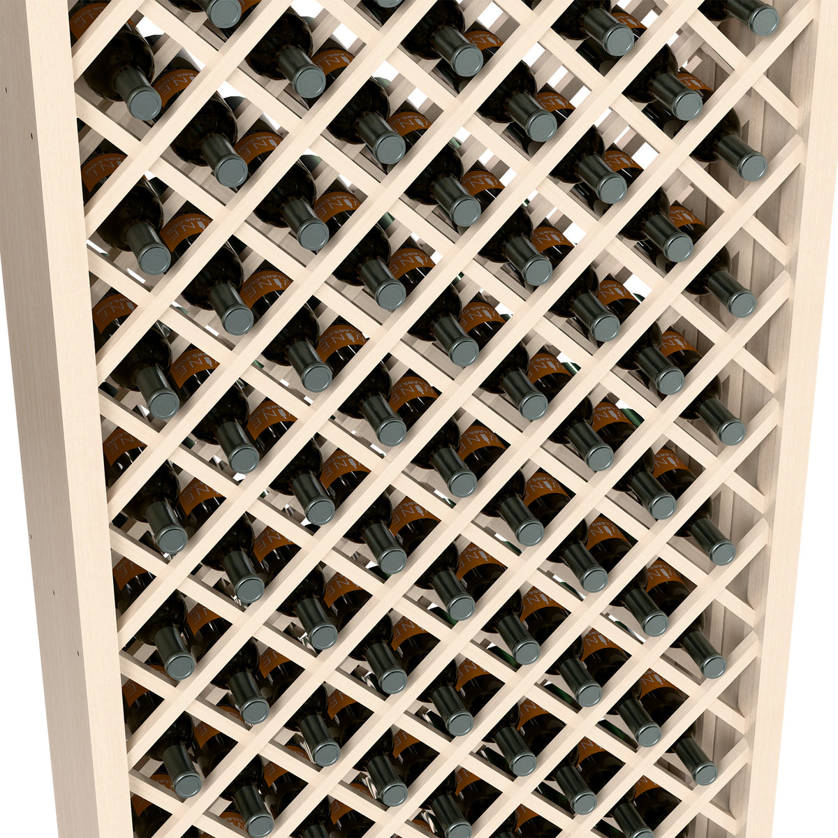 Wine bottle storage interior with off-white diamond lattice holding capped bottles.