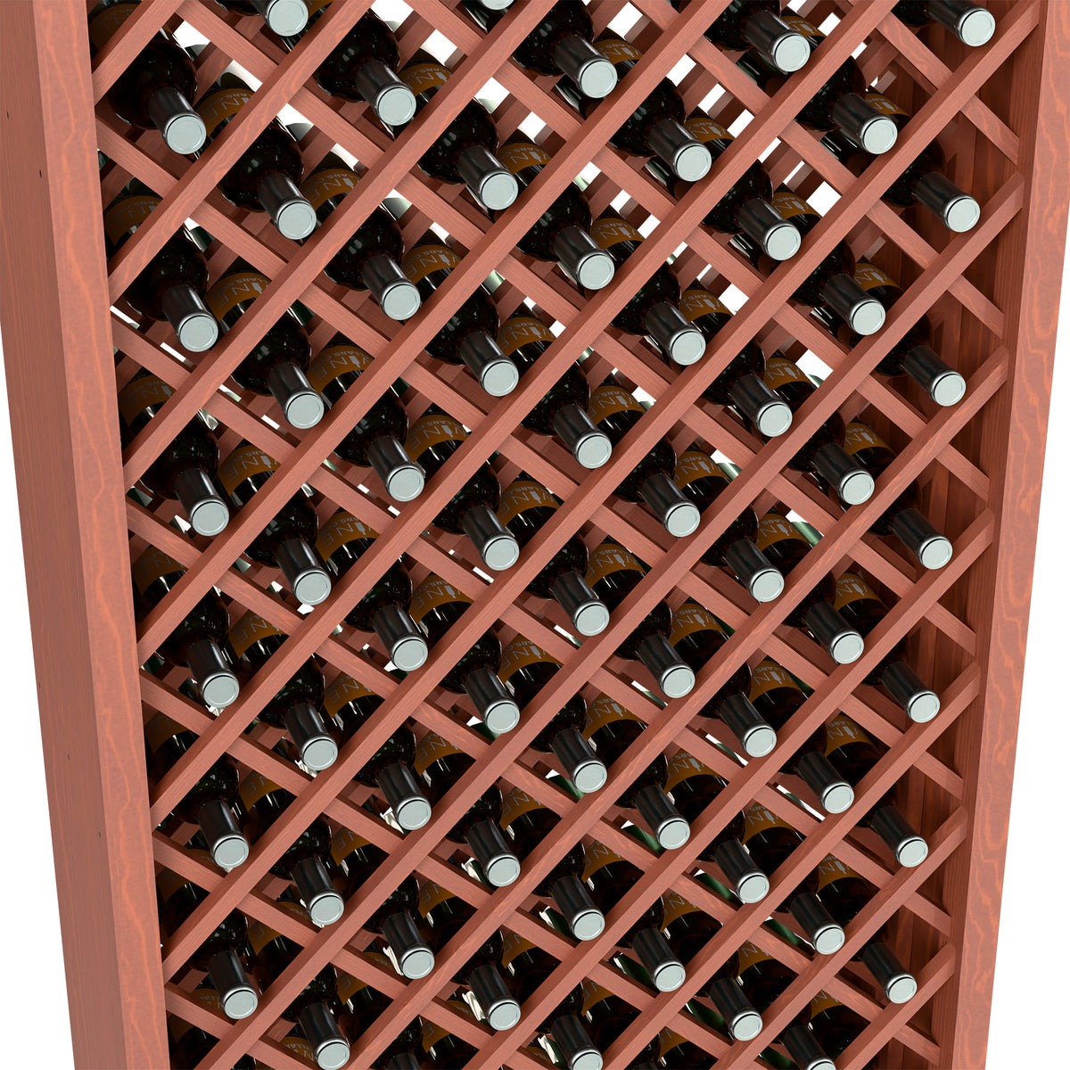 6FT wine bottle storage bin, close-up of reddish brown lattice with wine bottles