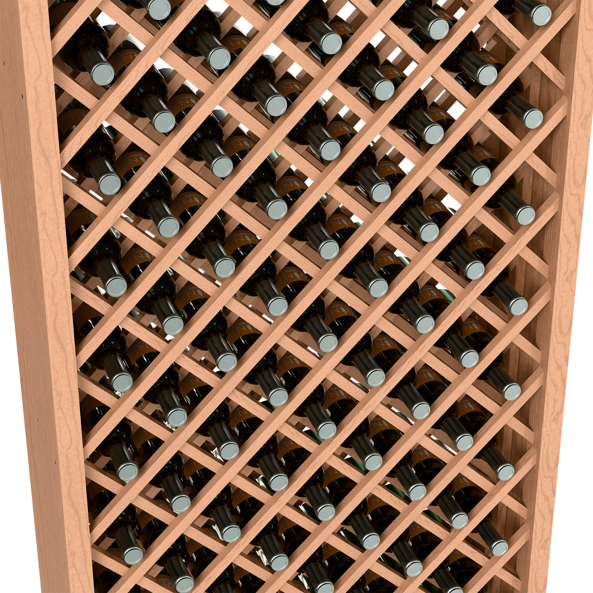 6FT wine bottle storage bin, close-up of light wood lattice with wine bottles
