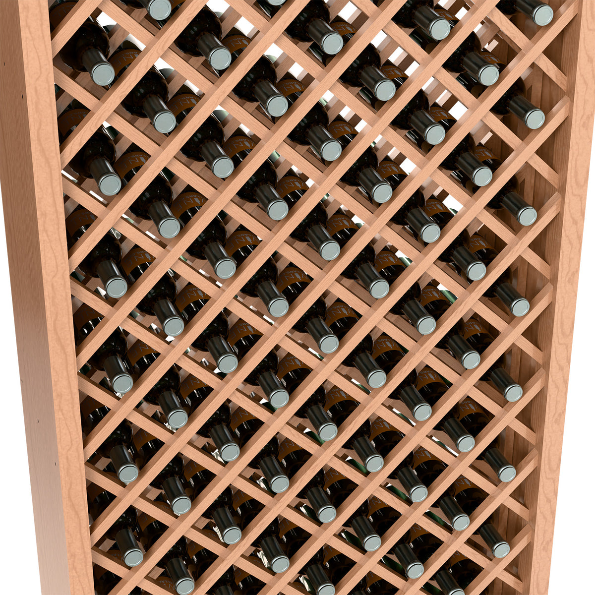 Close-up of light wood wine bottle bin with crisscross supports holding bottles