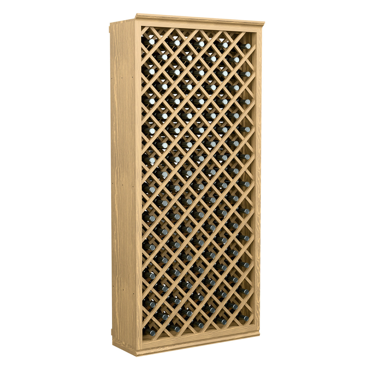 Light wood wine bottle storage cabinet with crisscross lattice and bottle compartments