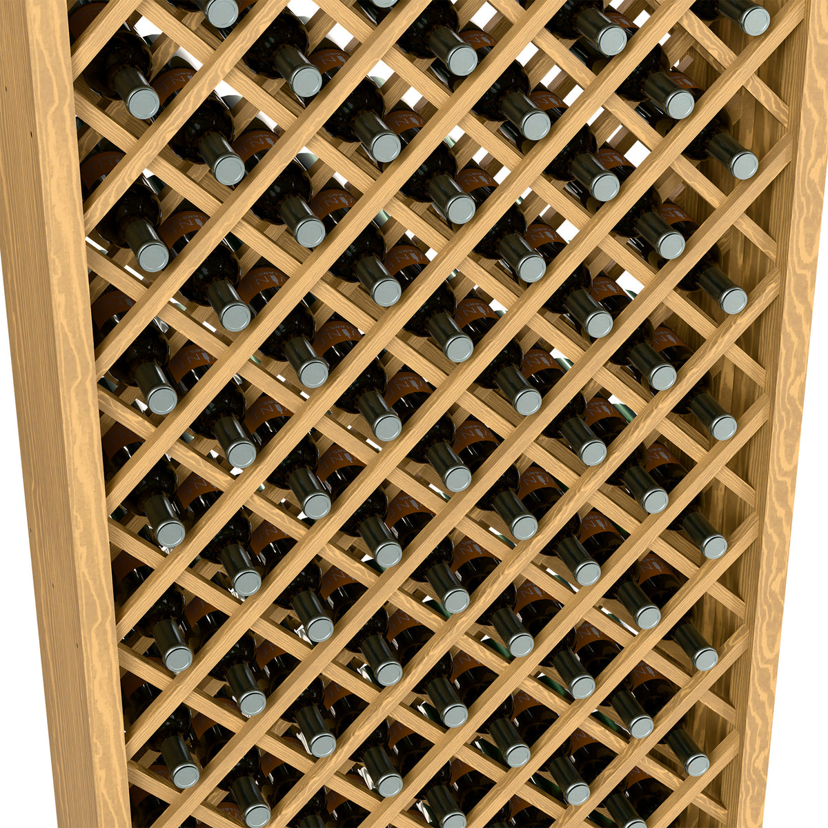 Close-up view of light wood wine bottle bin with crisscross lattice and capped bottles