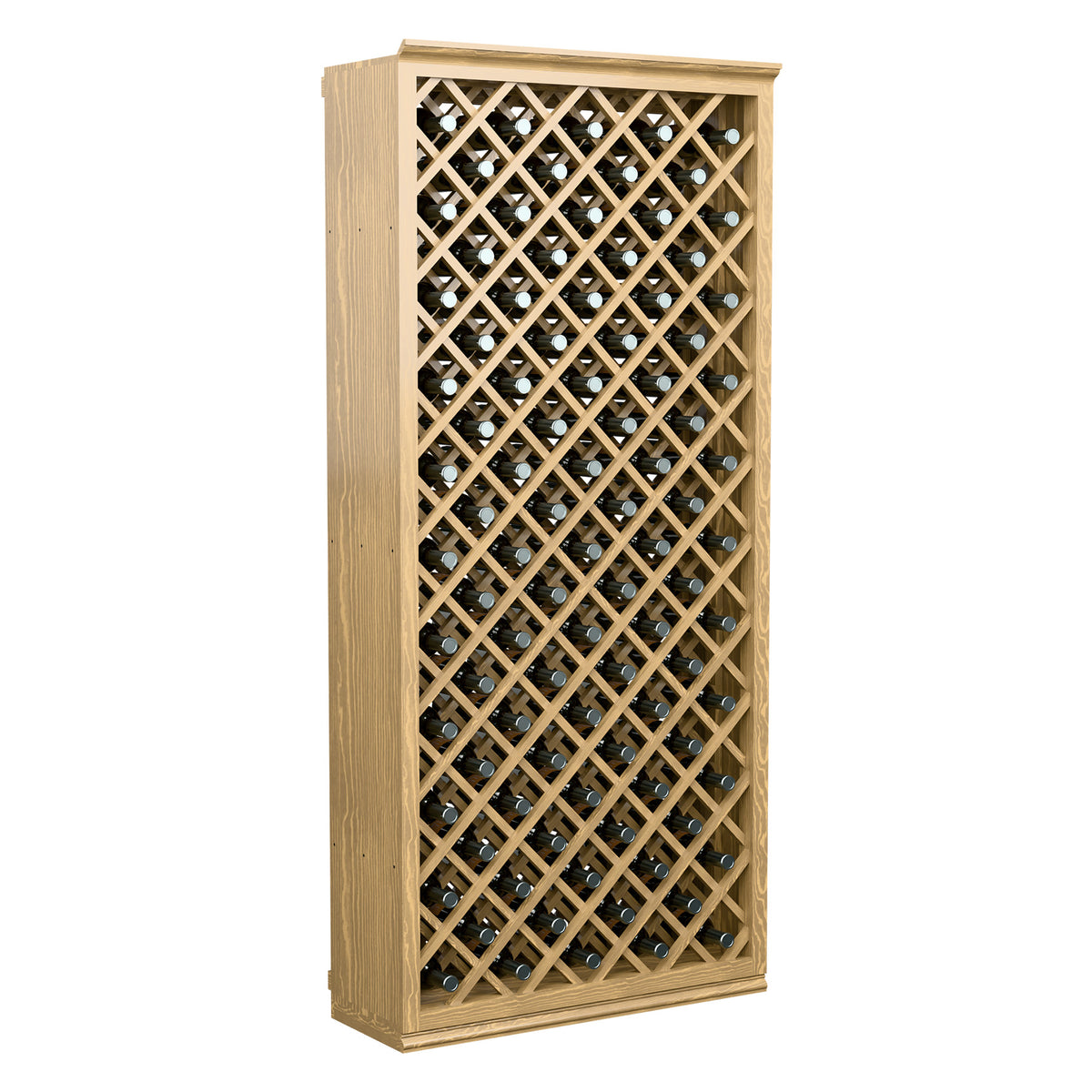 Tall wine bottle storage cabinet in light wood with crisscross lattice bottle slots