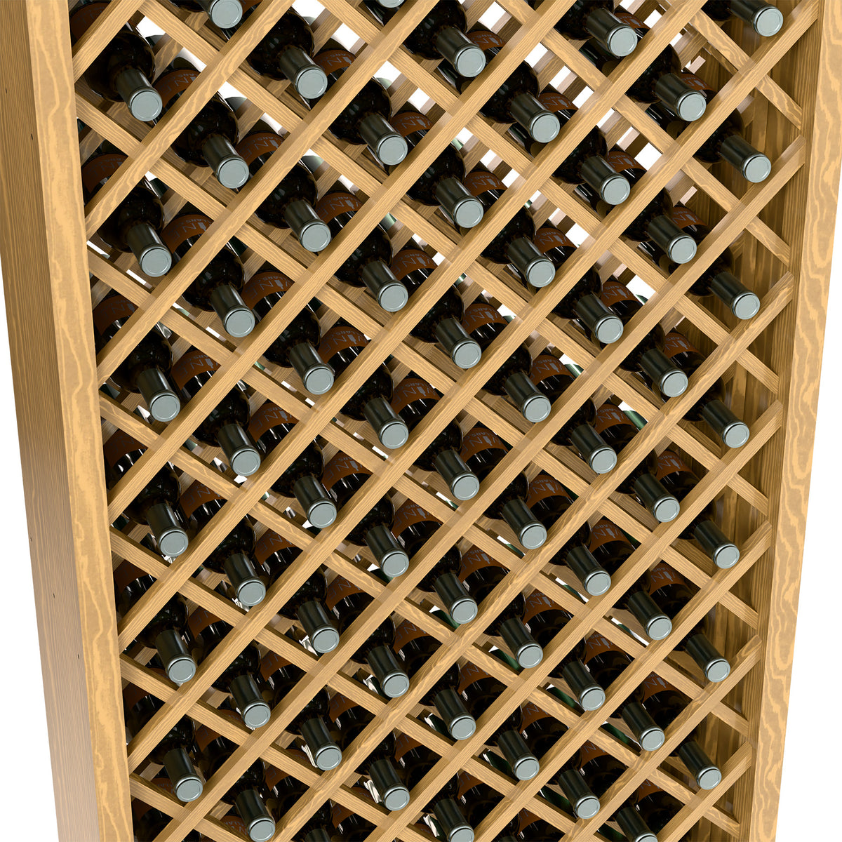 Close-up of light wood wine bottle bin showing crisscross lattice and bottle neck openings