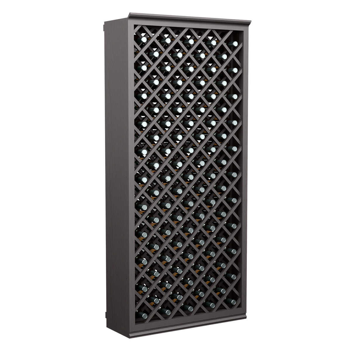 Tall wine bottle storage cabinet with dark frame and crisscross lattice bottle slots