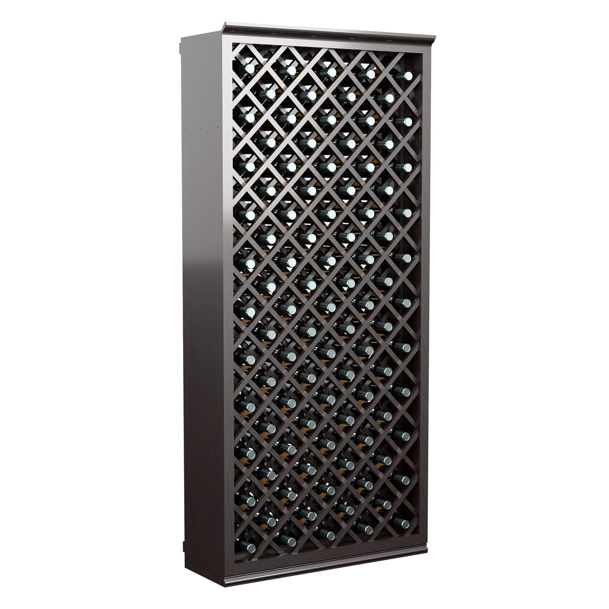 Dark-finished wine bottle storage cabinet with crisscross lattice and bottle compartments