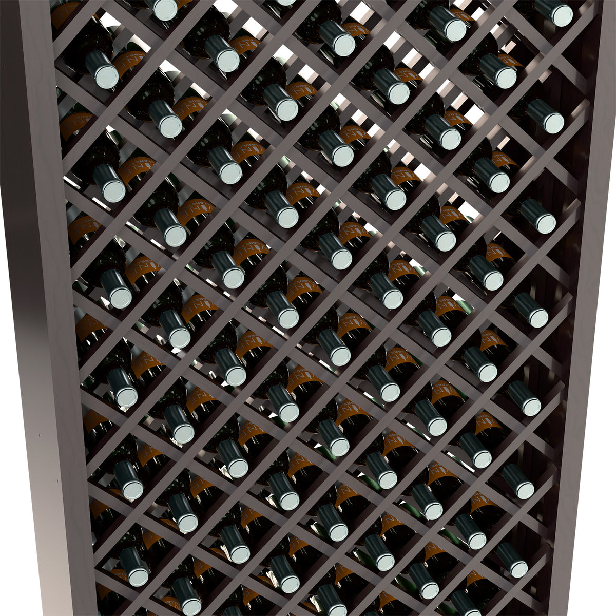Close-up of dark wine bottle bin showing crisscross lattice and capped wine bottles