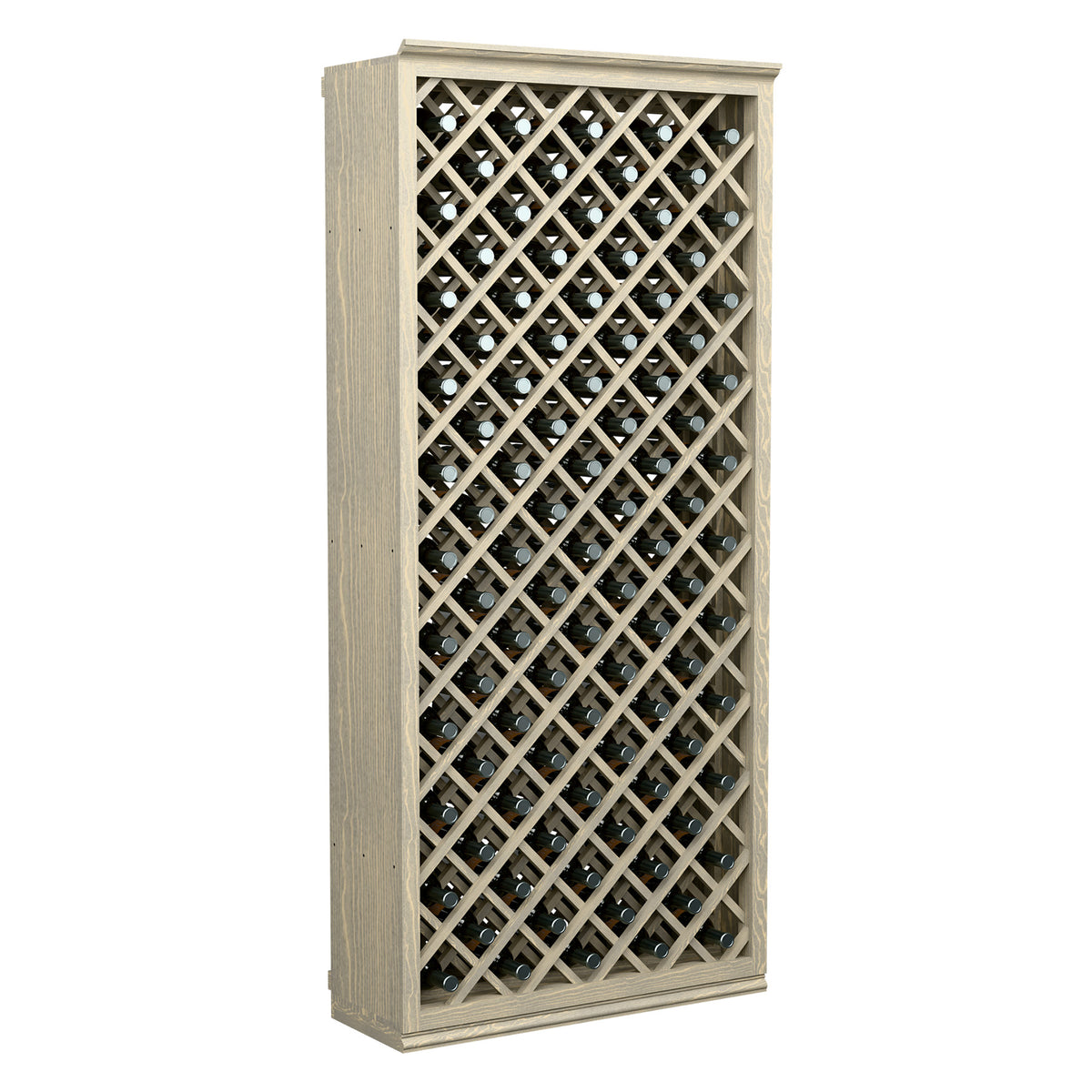 Light wood wine bottle rack with diamond lattice front and stored bottles