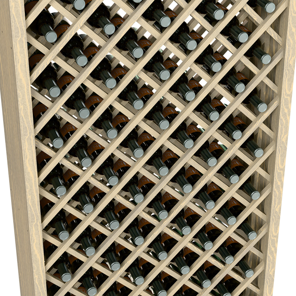 Light wood diamond wine bottle lattice with bottle caps visible through crisscross bars