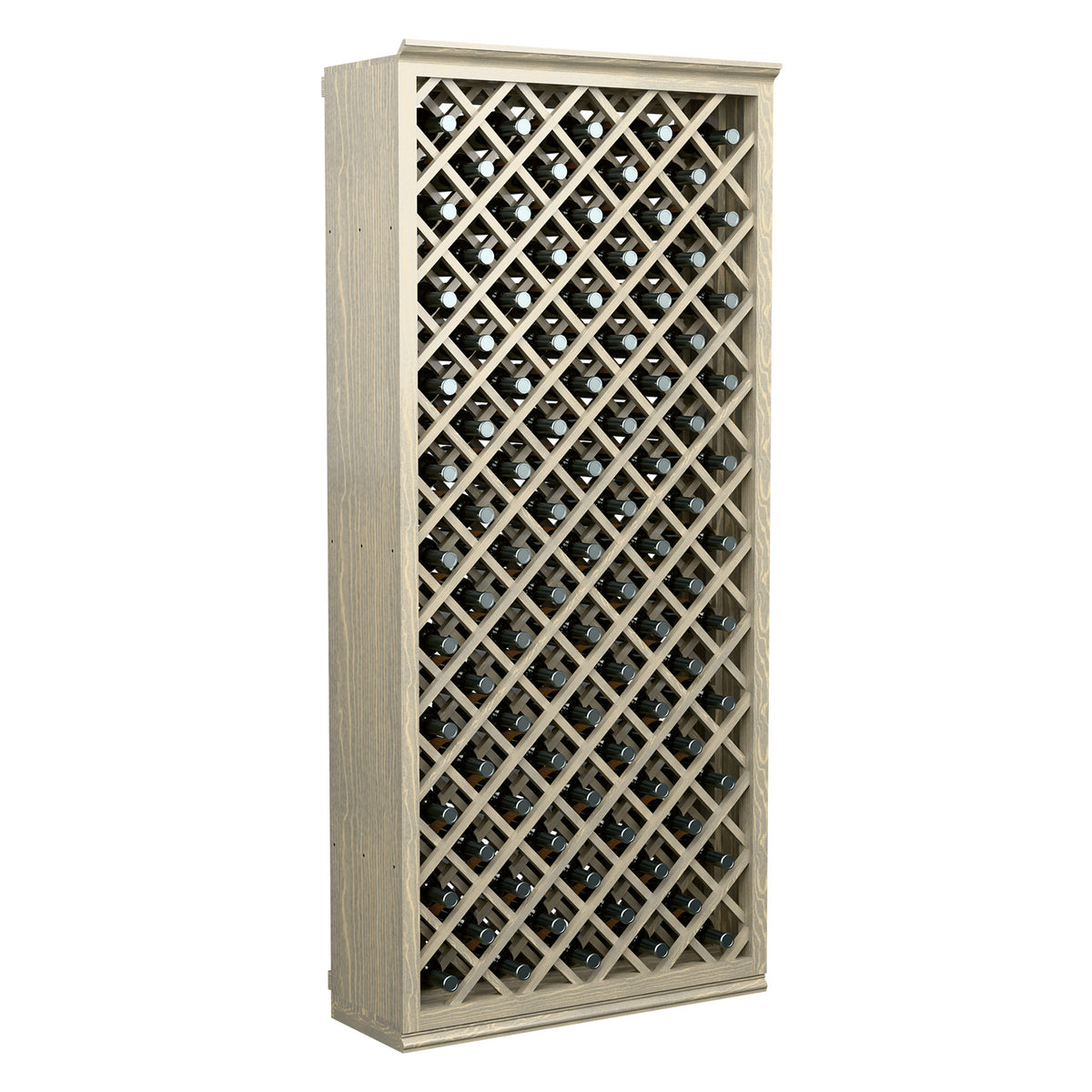 Light wood wine bottle bin with diamond lattice pattern and multiple bottle openings