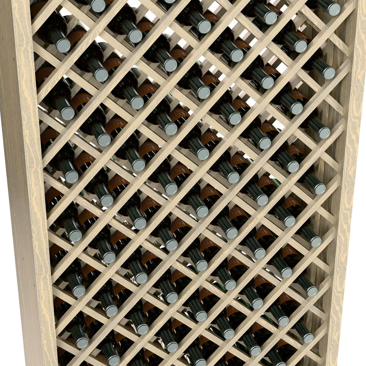 Close-up of light wood diamond lattice wine bottle storage with bottle tops