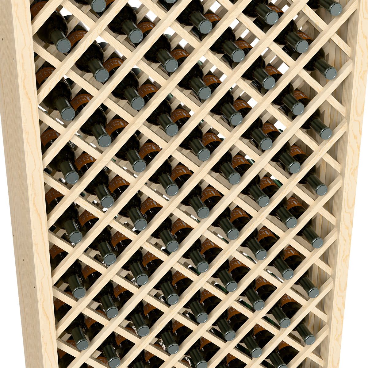 Light wood diamond wine bottle bin interior with bottle caps in each lattice cell
