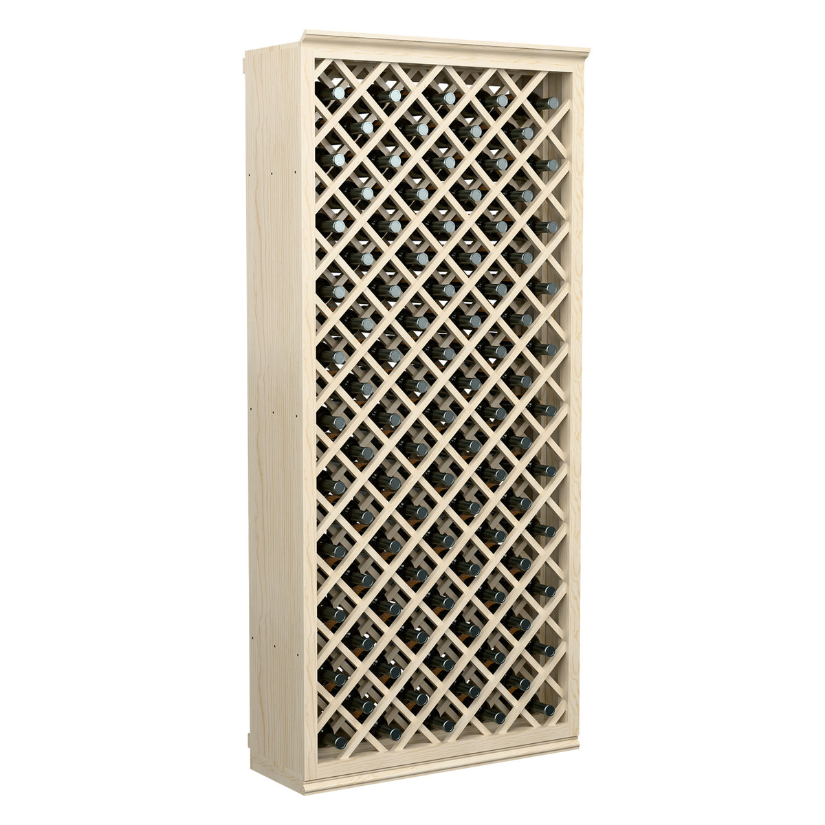Light wood wine bottle storage cabinet with diamond crisscross lattice and bottles inside