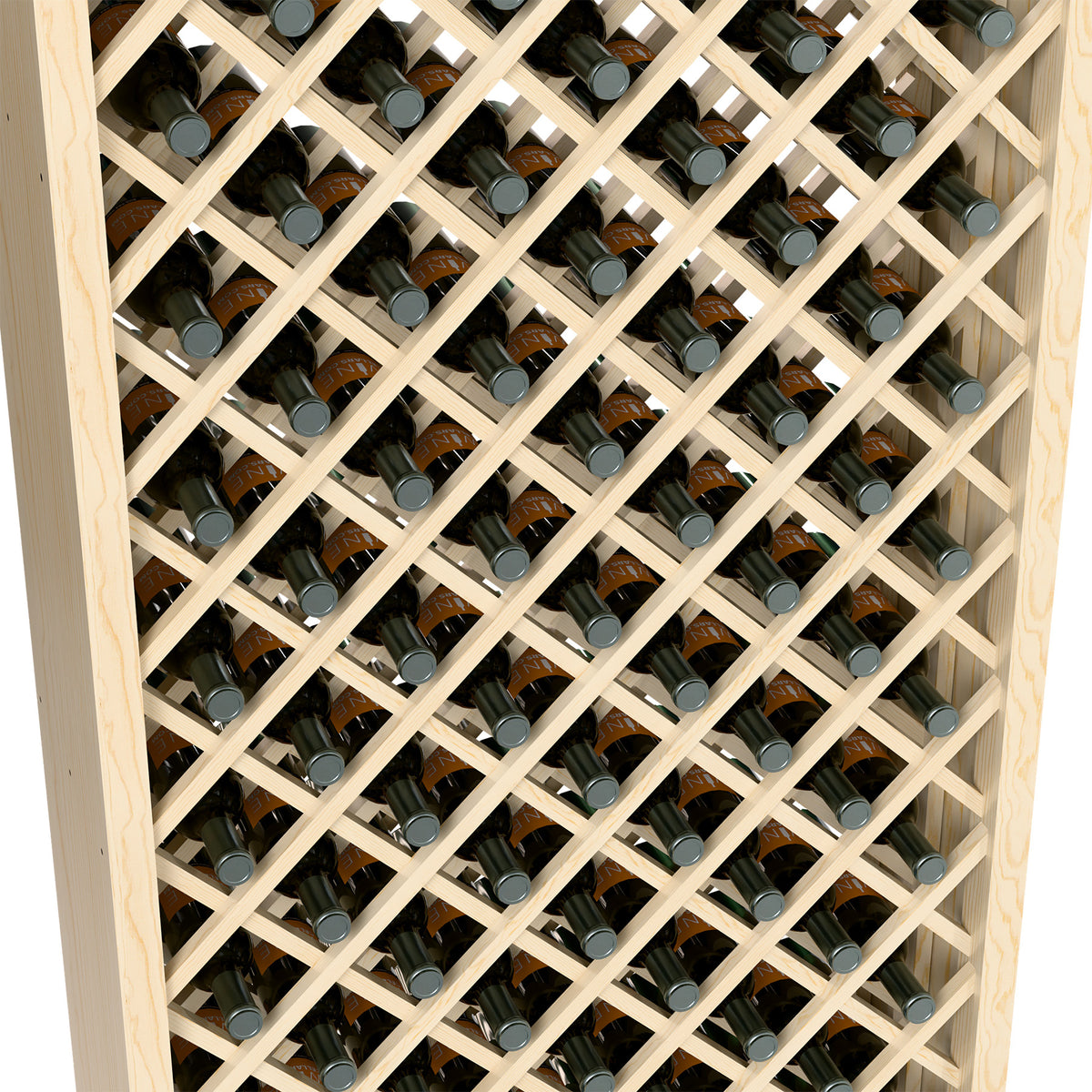 Light wood diamond lattice wine bottle bin close-up showing bottle necks and caps