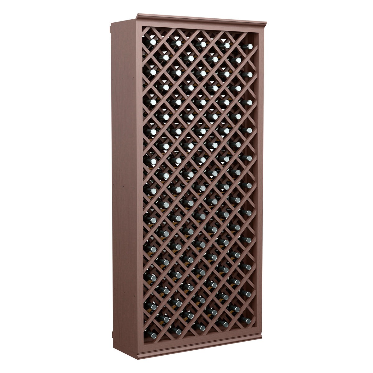 Dark brown wine bottle bin with diamond lattice front and multiple stored bottles