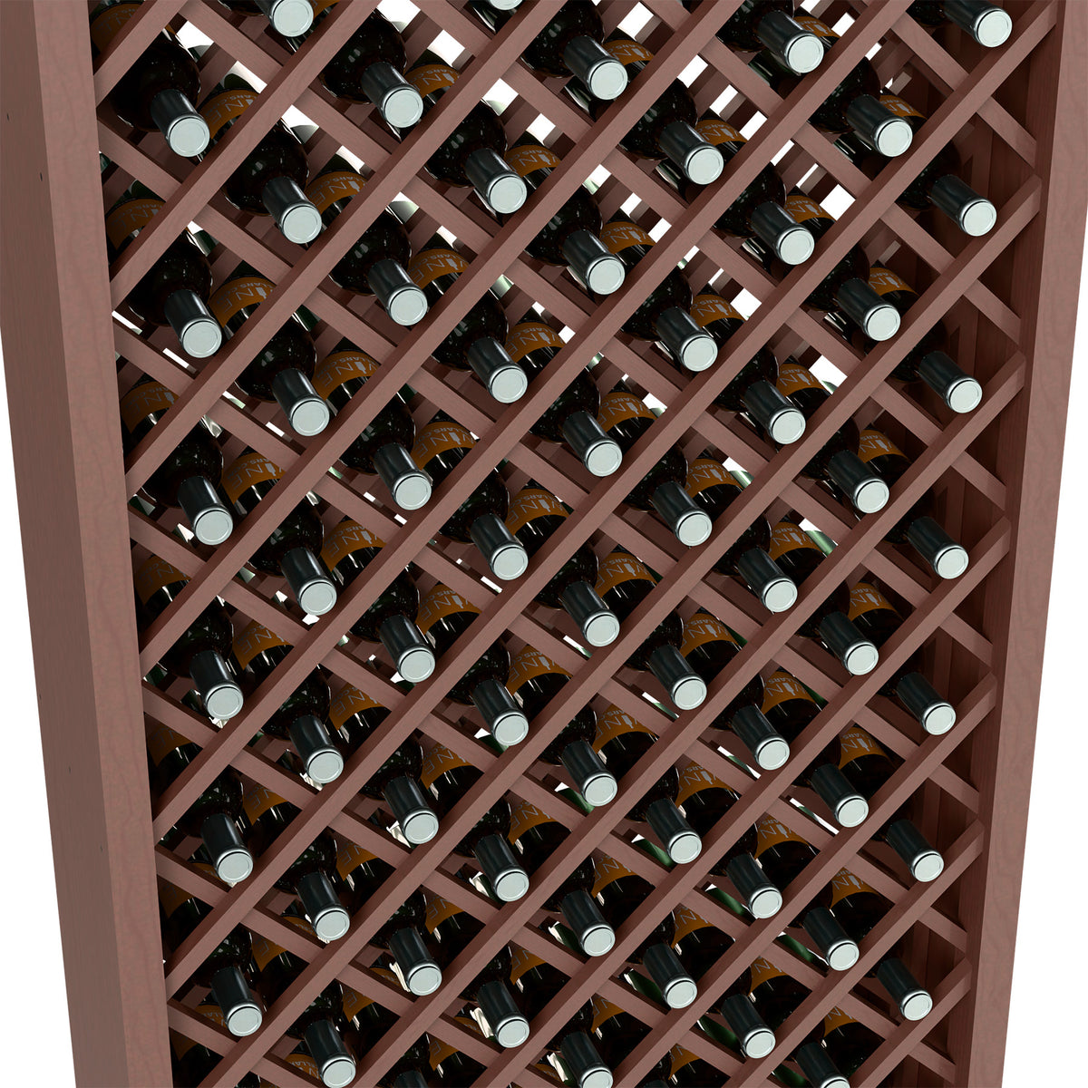 Dark brown diamond lattice wine bottle storage close-up with bottle caps visible