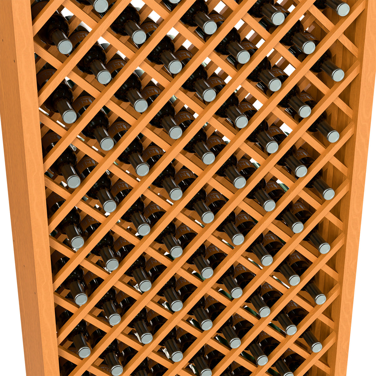 Close-up of natural wood wine bottle cabinet with diamond lattice holding bottles