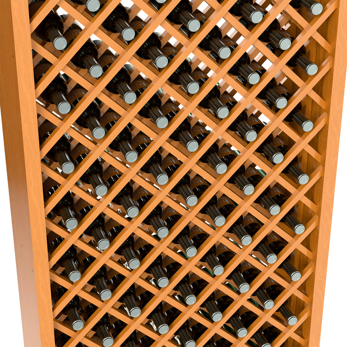 Close-up of light wood wine bottle cabinet with diamond lattice and bottle necks