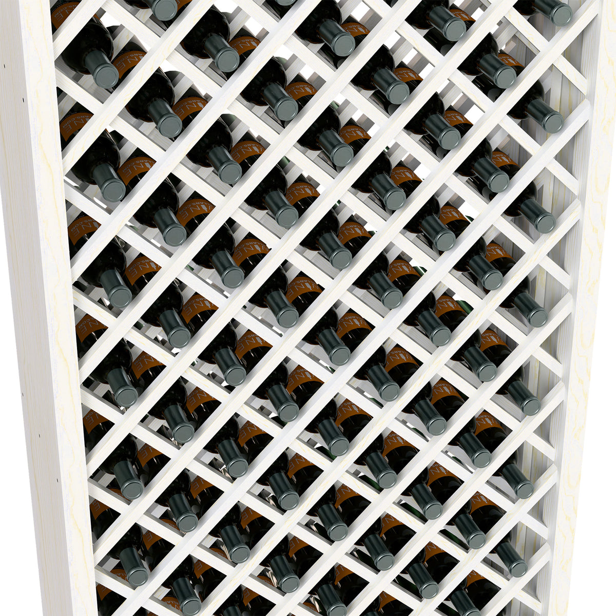 Close-up of white wine bottle cabinet with diamond lattice and capped bottles