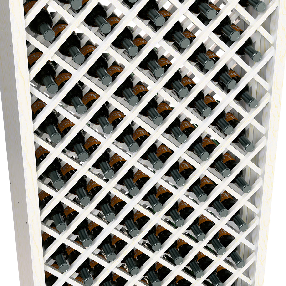 Close-up of white wine bottle storage cabinet with diamond lattice holding bottles