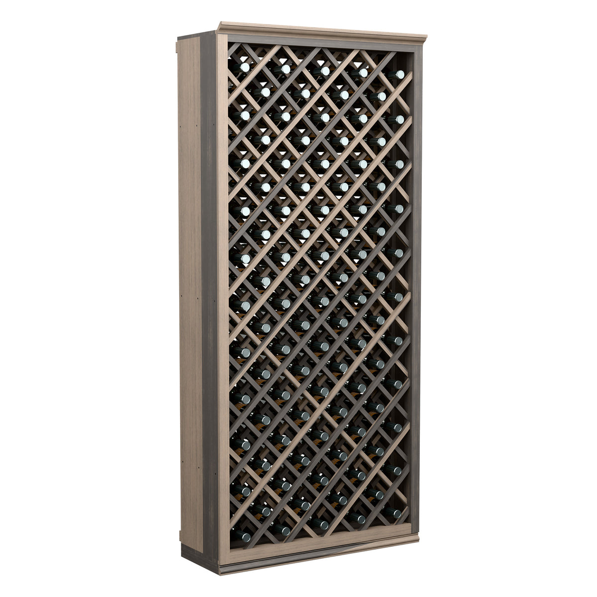 Wine bottle storage cabinet with diamond lattice front and dark stained wood frame