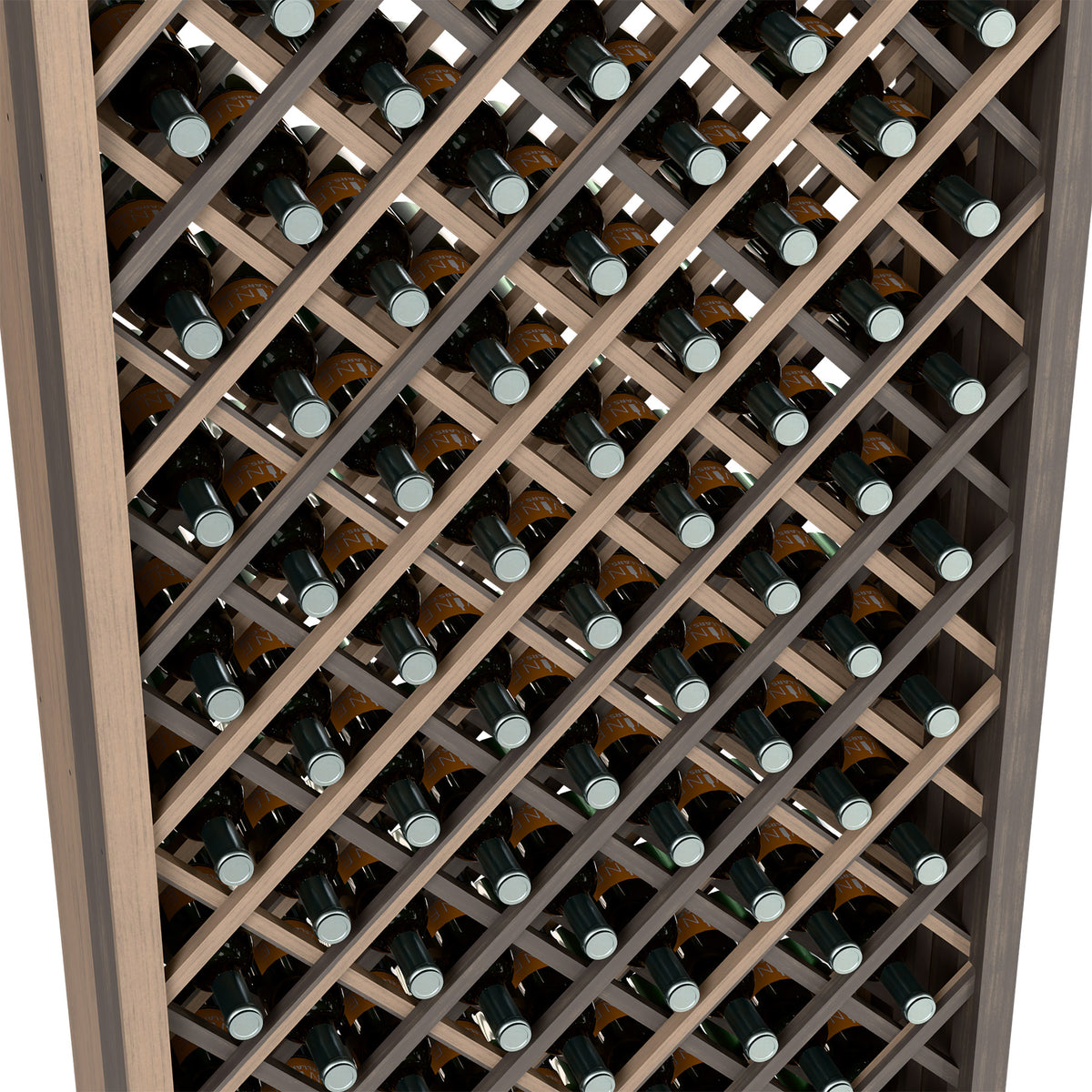 Wine bottle storage cabinet interior with diamond grid bottle holders and glass bottles