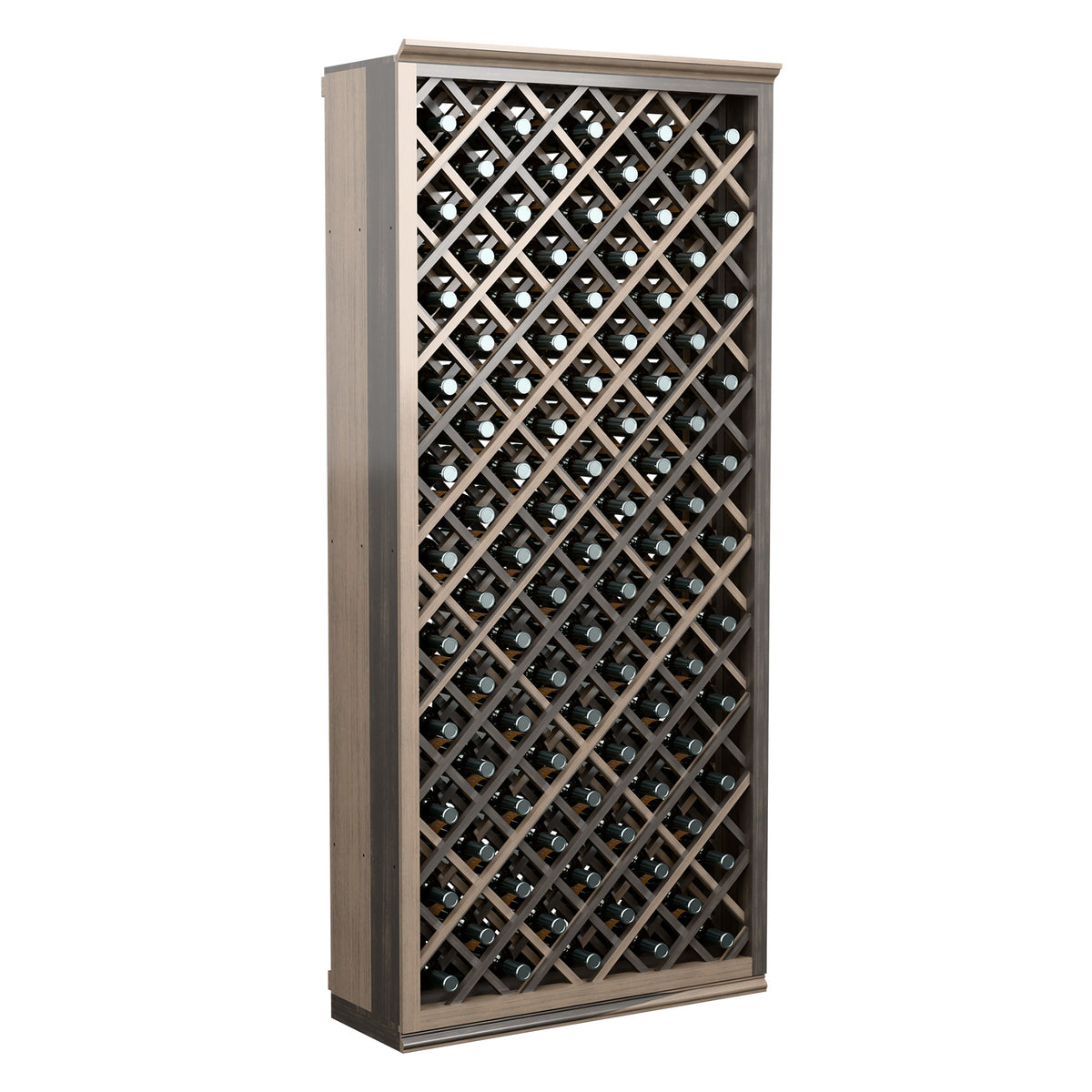 Wine bottle storage cabinet full front view with diamond lattice and dark stained frame