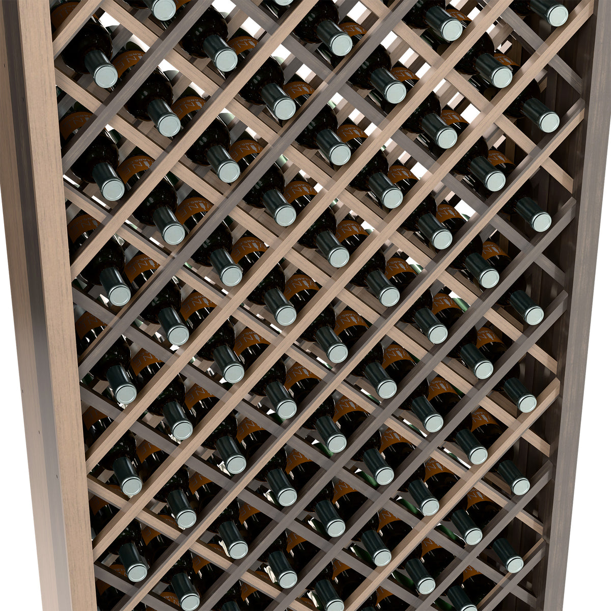 Wine bottle storage cabinet interior with diamond grid and bottle necks in rows