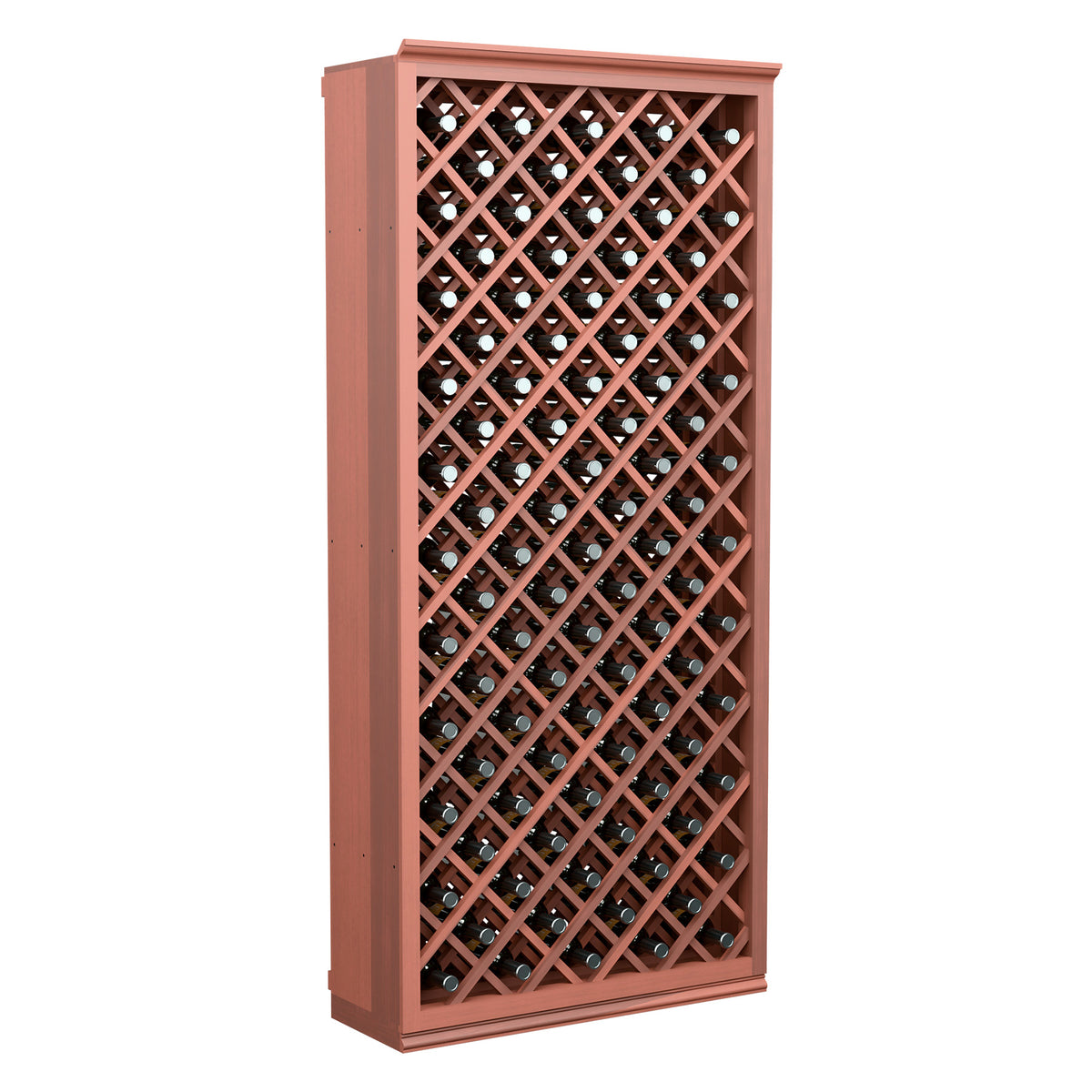 Wine bottle storage cabinet with diamond lattice front and red stained wood frame