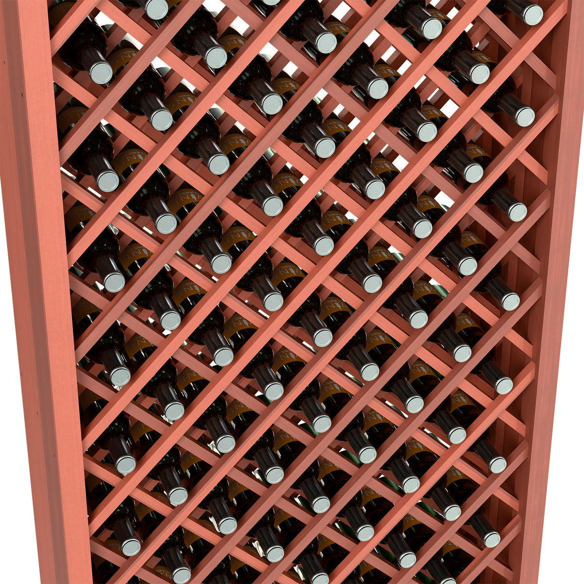 Wine bottle storage cabinet interior with diamond grid and bottles in red frame