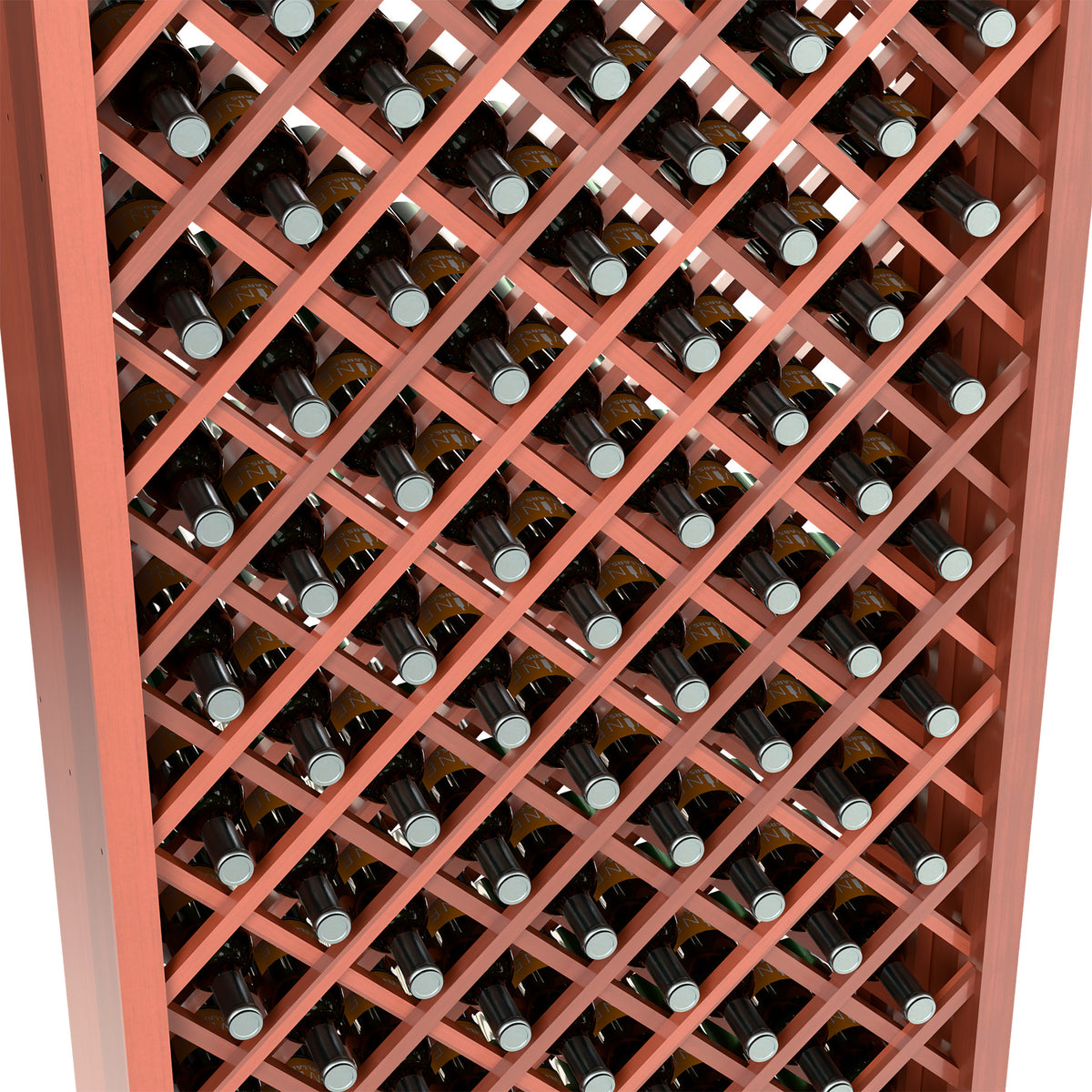 Wine bottle storage cabinet interior close-up with diamond grid and bottle rows