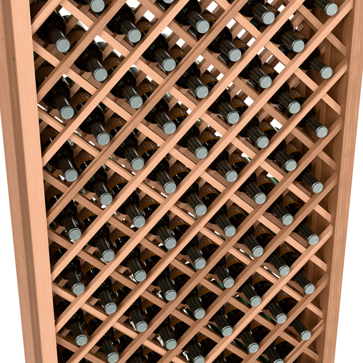 Wine bottle storage cabinet interior with diamond grid and bottles in light wood frame