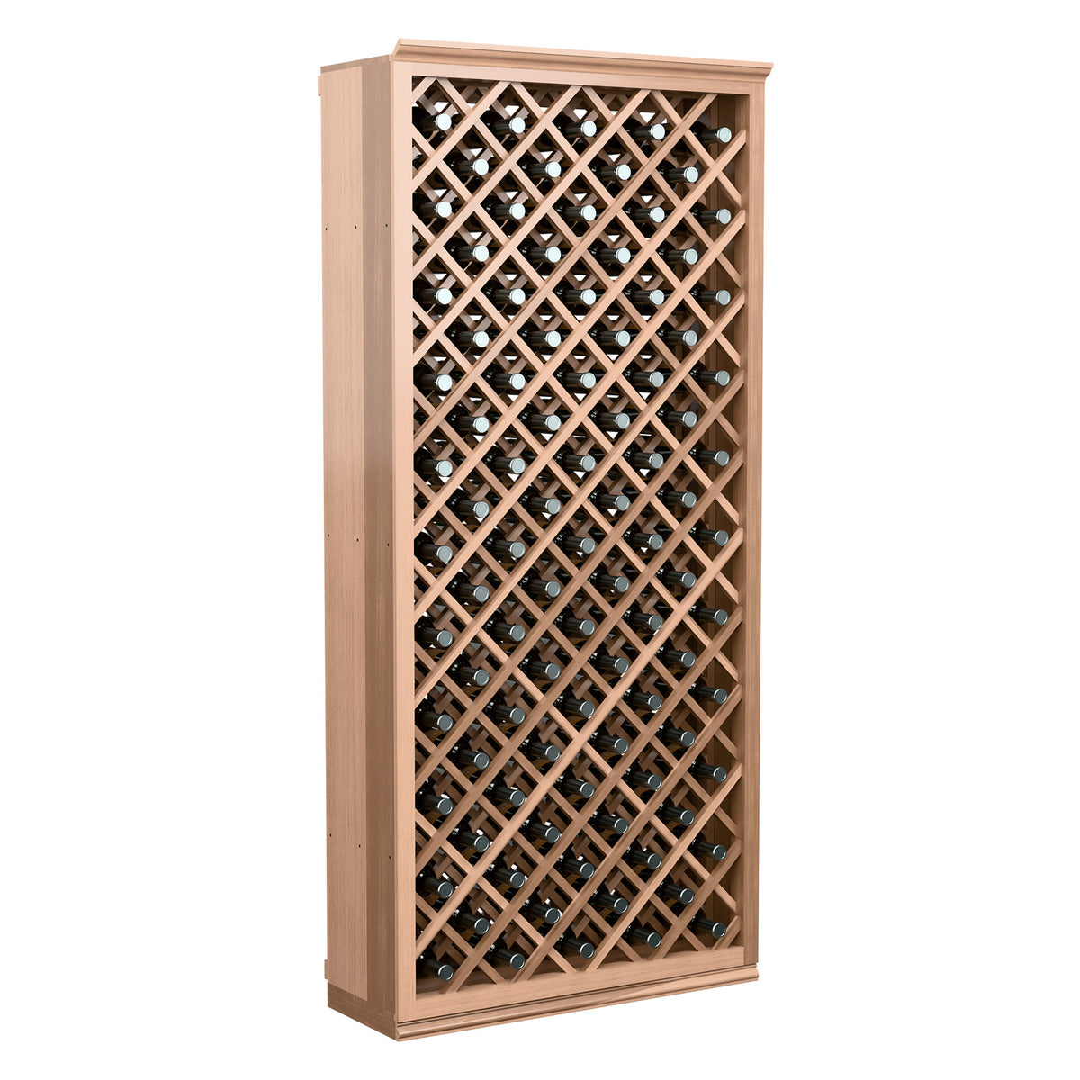 Light wood diamond-lattice wine bottle bin with crisscross bottle holders