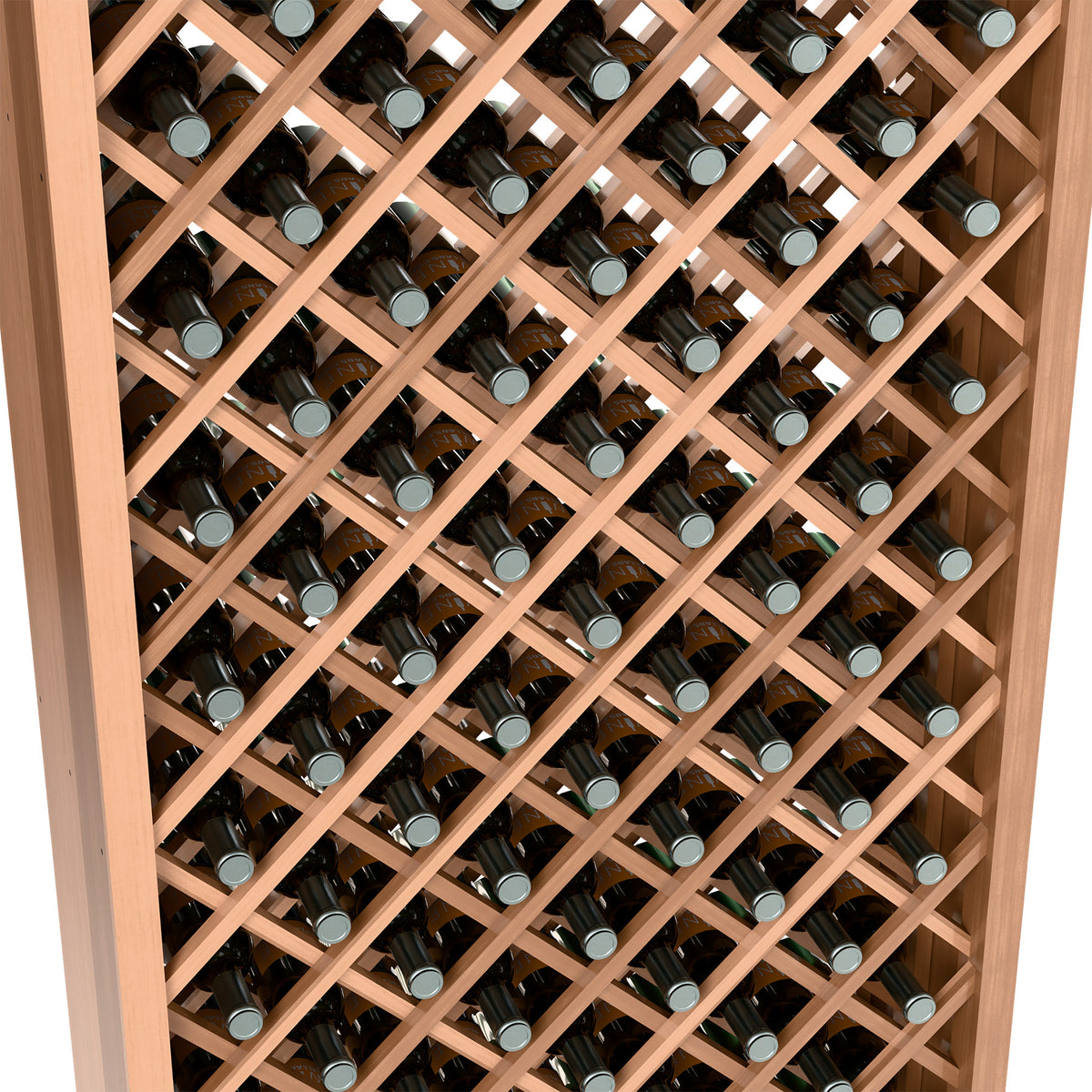 Light wood diamond lattice wine bottle bin with bottle neck slots