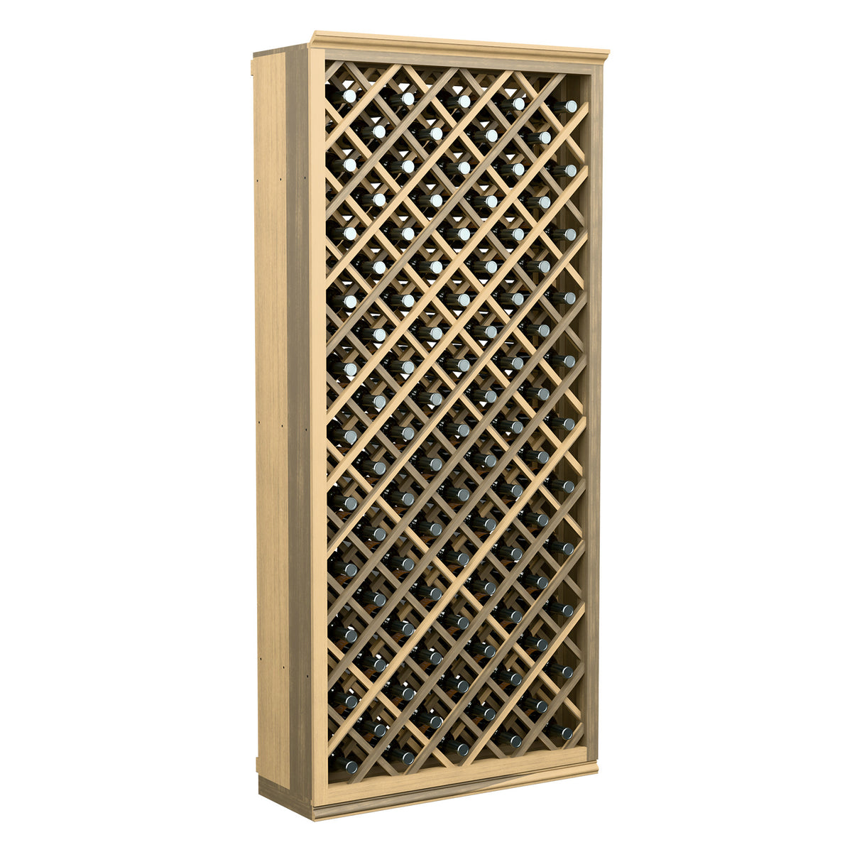 Light wood diamond-lattice wine bottle bin with front crisscross holders
