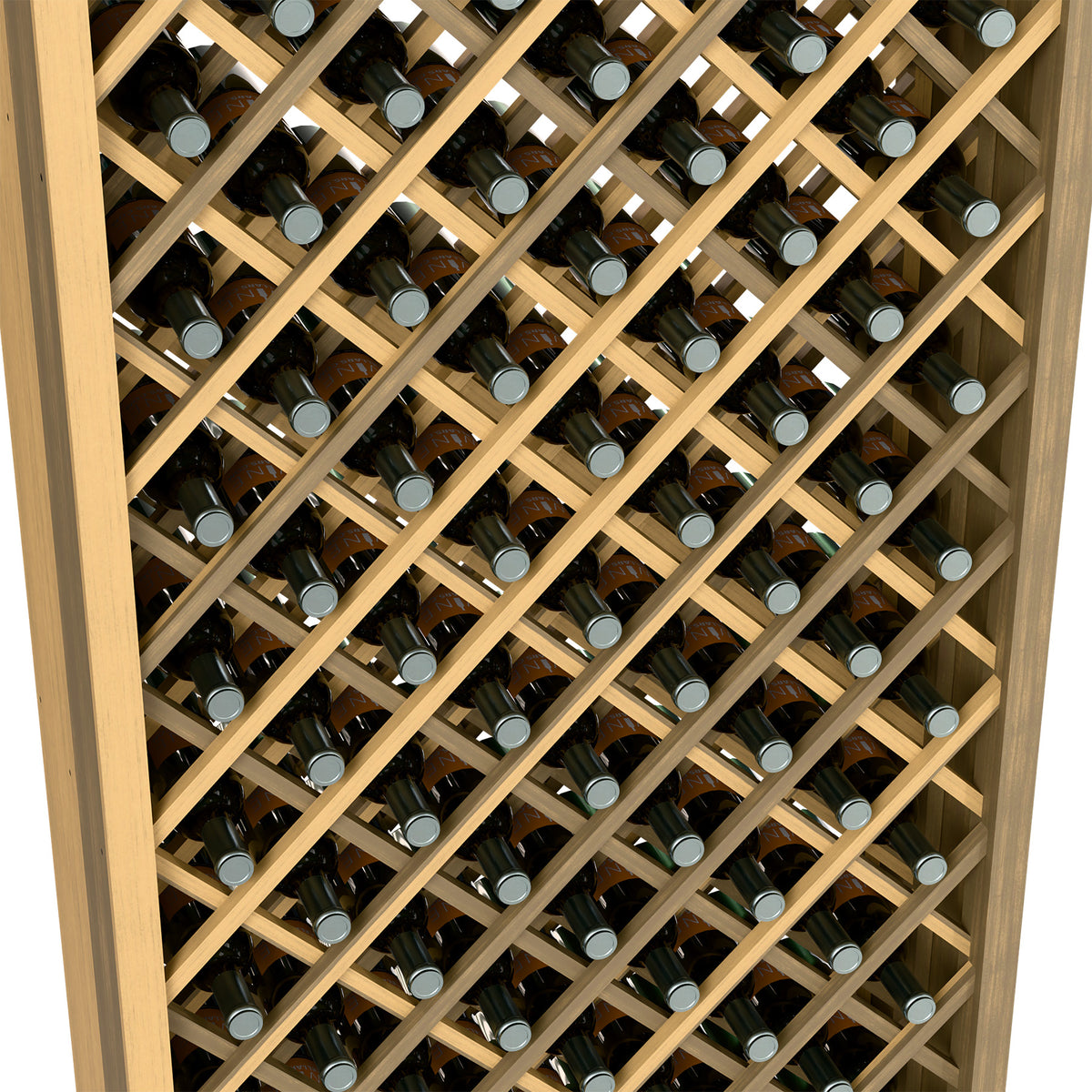 Light wood diamond-lattice wine bottle bin showing multiple bottles in slots