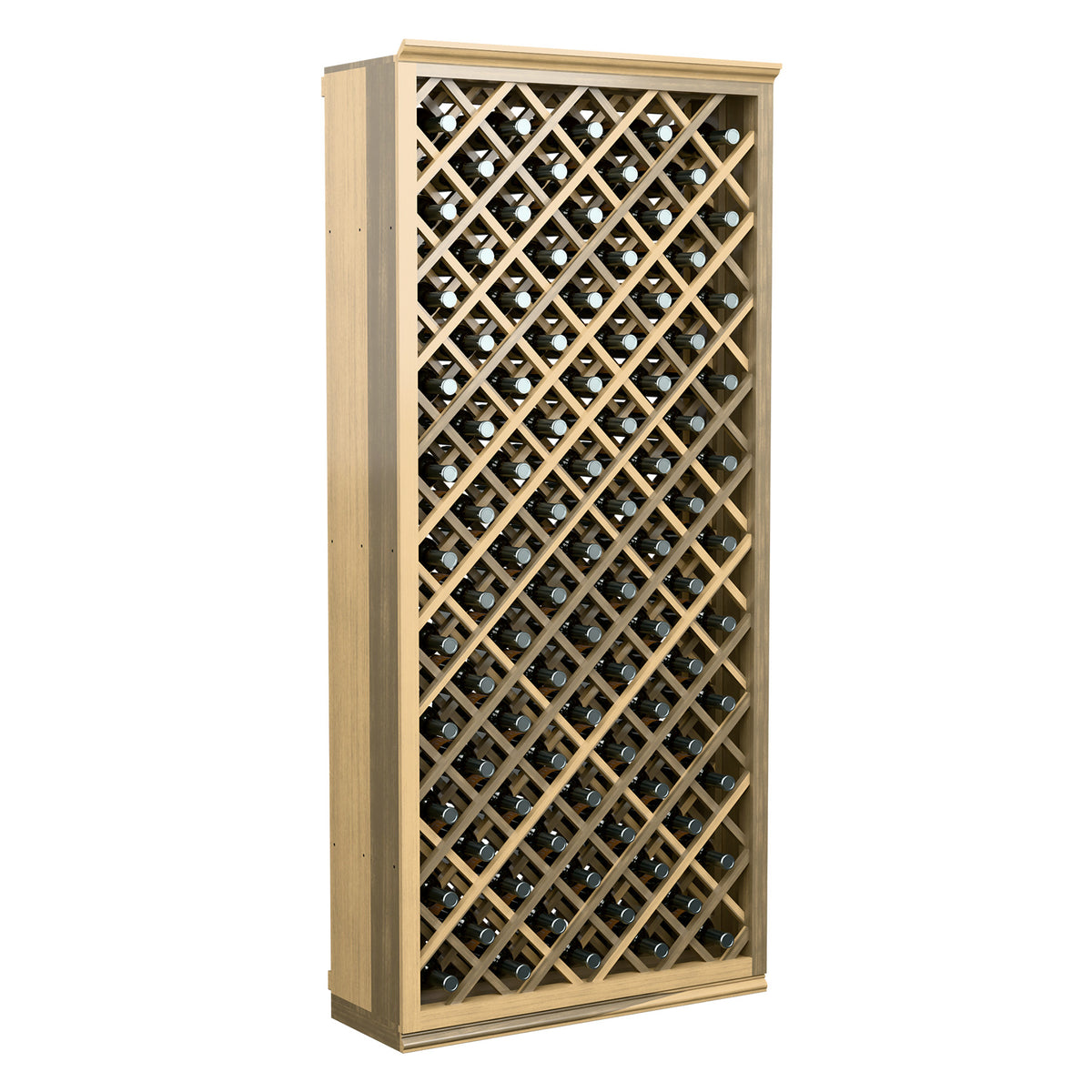 Light wood diamond-lattice wine bottle bin with crisscross front lattice