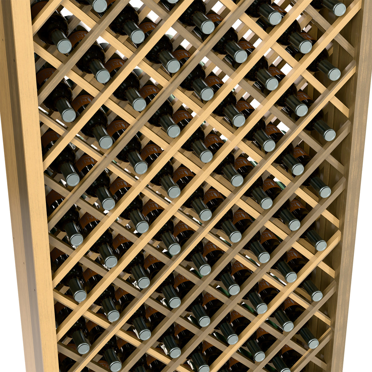 Light wood diamond lattice wine bottle bin with rows of bottles and caps
